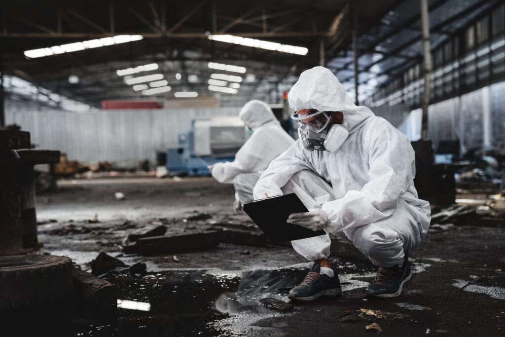 Scientist workers wear protection suit checking chemical contaminated oil in old factory. Protecting Against Hazards and Contamination. Emergency Response to a Radioactive Accident